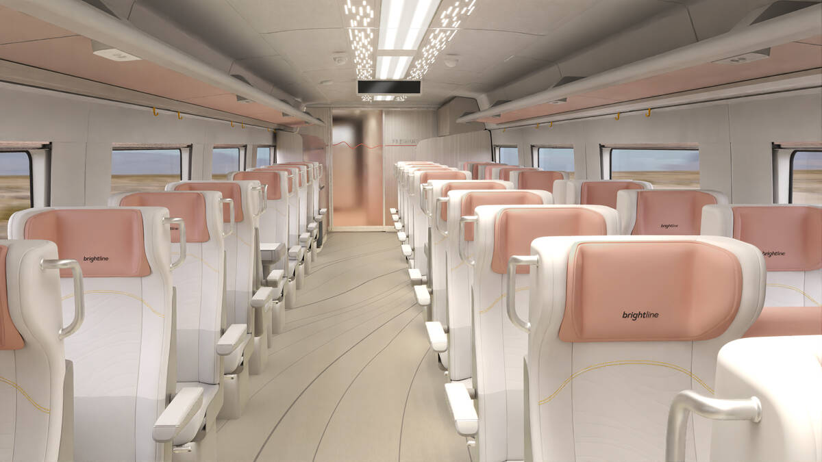 A rendering of the interior of a premium car of a Siemens Mobility American Pioneer 220 train, ...