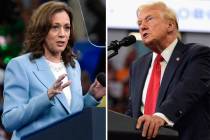 This combination of photos taken at campaign rallies in Atlanta shows Vice President Kamala Har ...