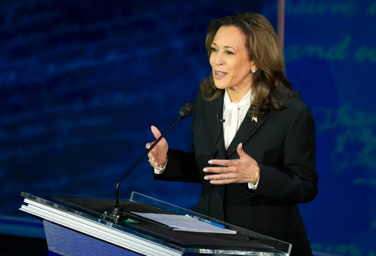 Vice President Kamala Harris speaks during a presidential debate with Republican presidential n ...