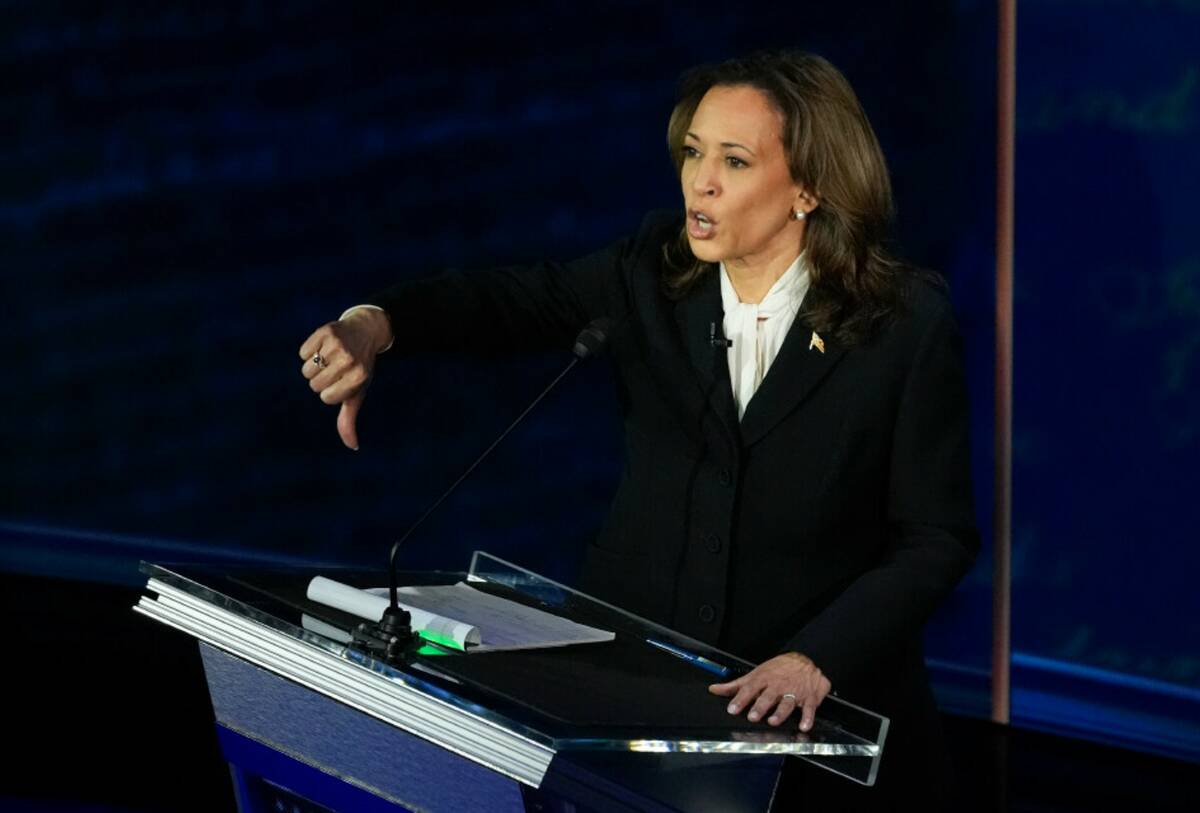 Vice President Kamala Harris gestures as she speaks during an ABC News presidential debate with ...