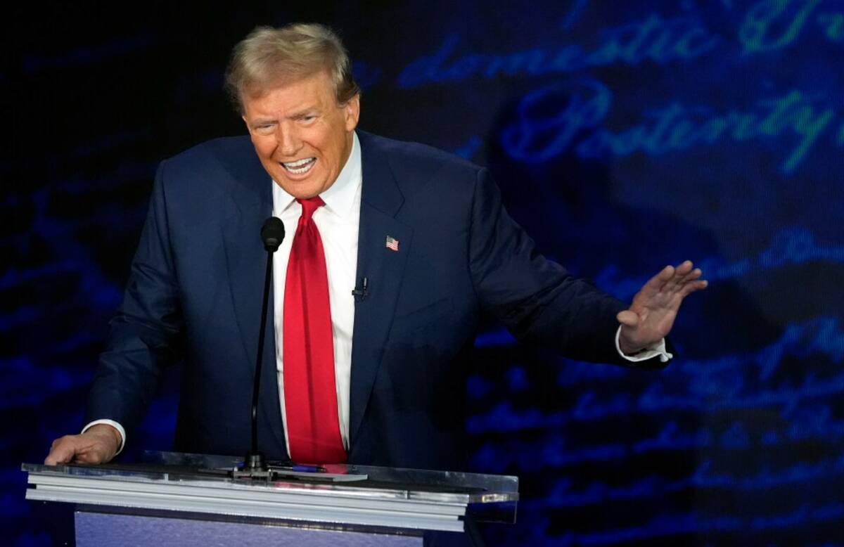 Former President Donald Trump speaks during a presidential debate with Vice President Kamala Ha ...