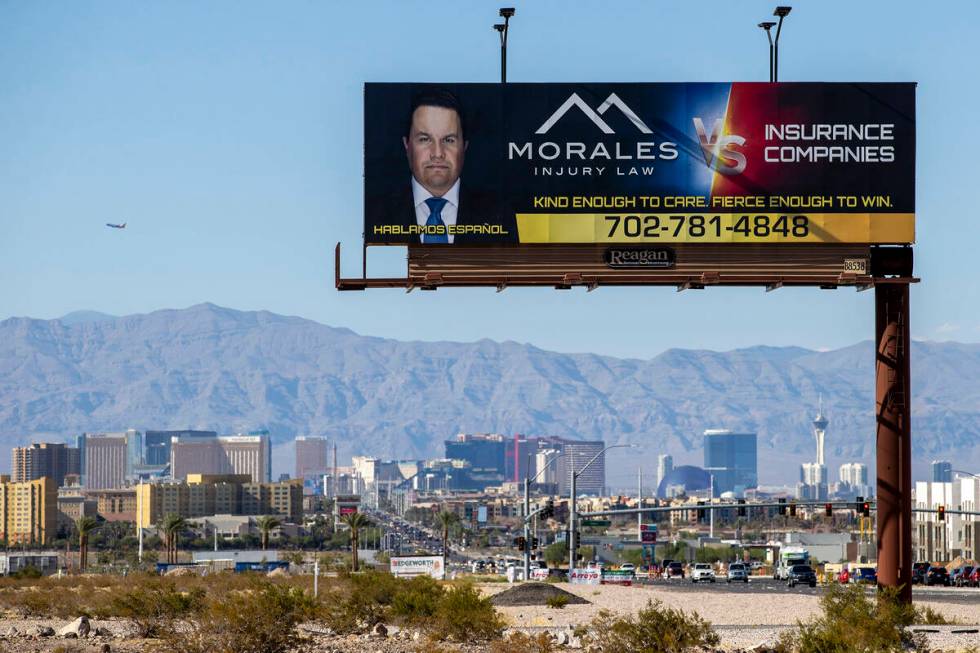 A billboard advertises Morales Injury Law, Thursday, Aug. 22, 2024, in Las Vegas. (Daniel Jacob ...