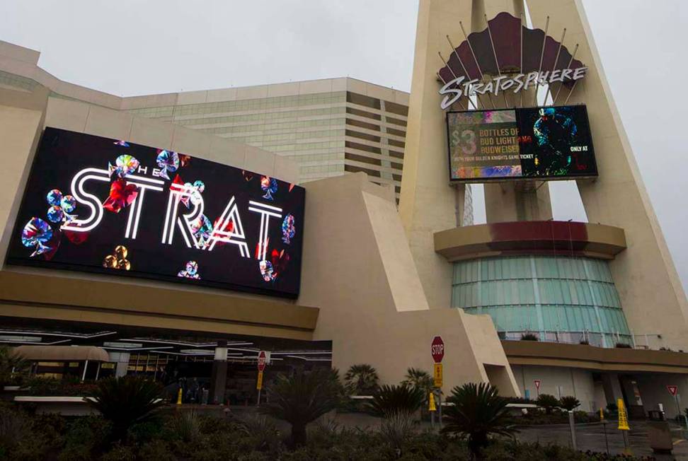 A view of the Stratosphere, now known as the The Strat, as clouds and fog cover the Las Vegas V ...