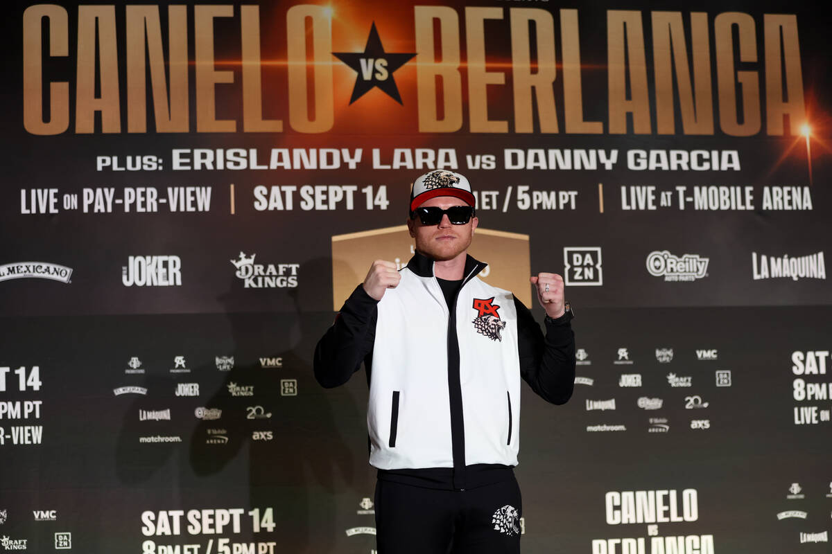 Canelo Alvarez poses on stage during his arrival to MGM Grand ahead of his super middleweight t ...