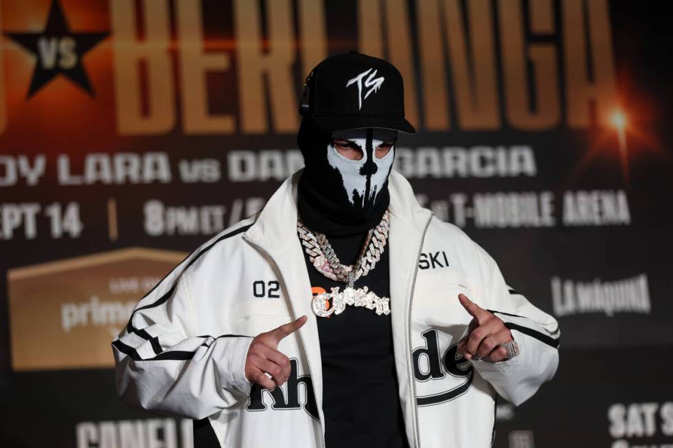 Edgar Berlanga poses on stage during his arrival to MGM Grand ahead of his super middleweight t ...