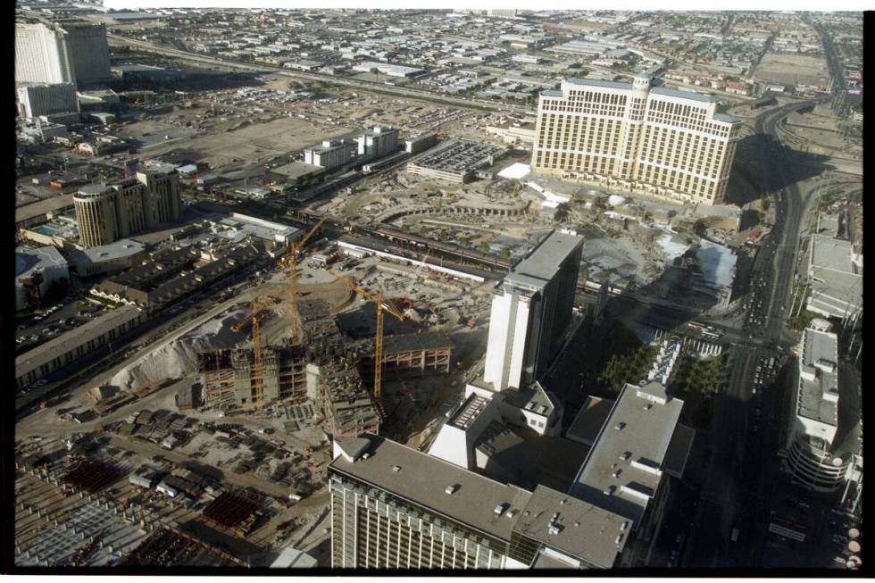 Aerials of Las Vegas taken from a helicopter in 1997. This image is of the Bellagio and Paris h ...