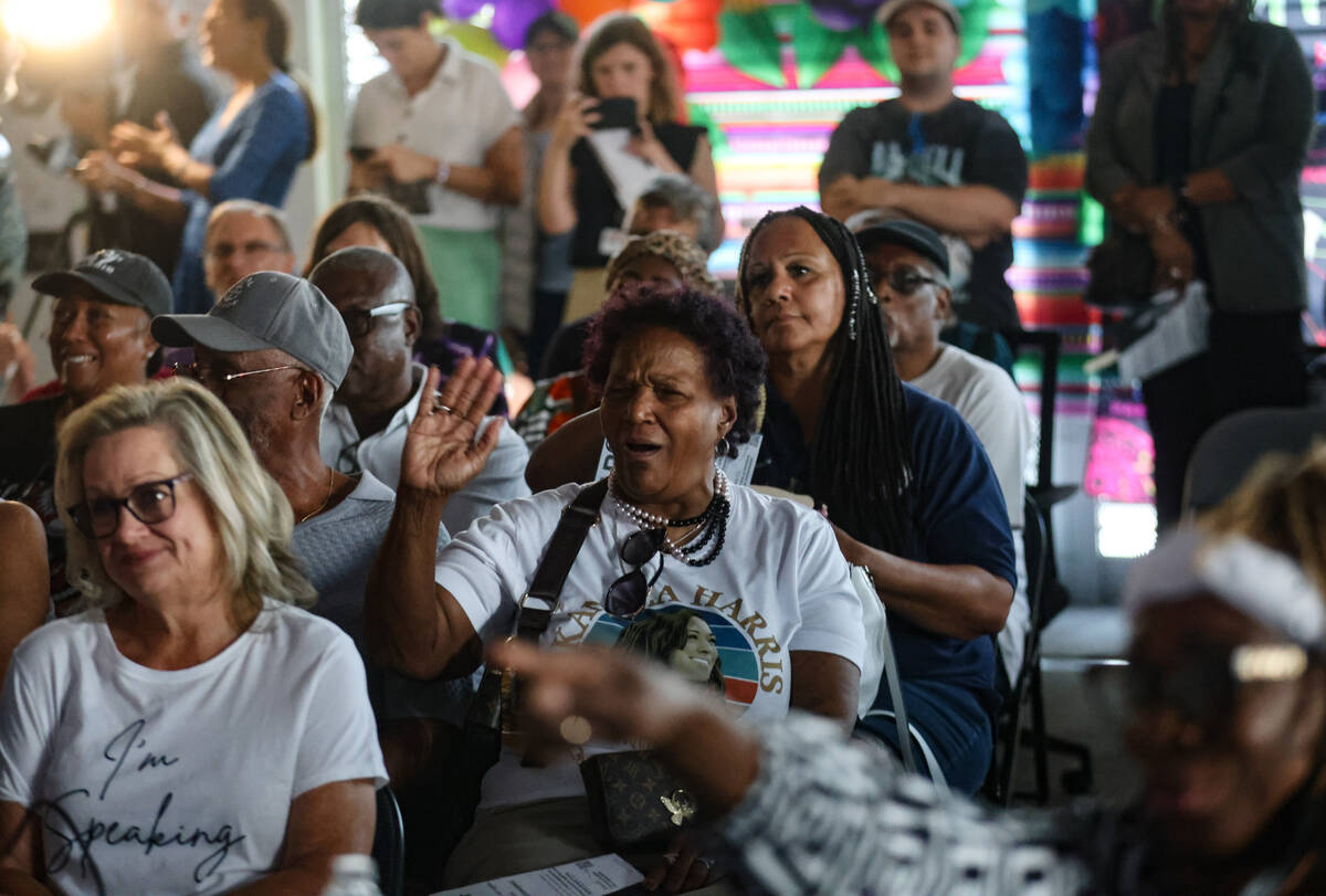 Robin Wright reacts with the crowd during a watch party of the presidential debate between Kama ...