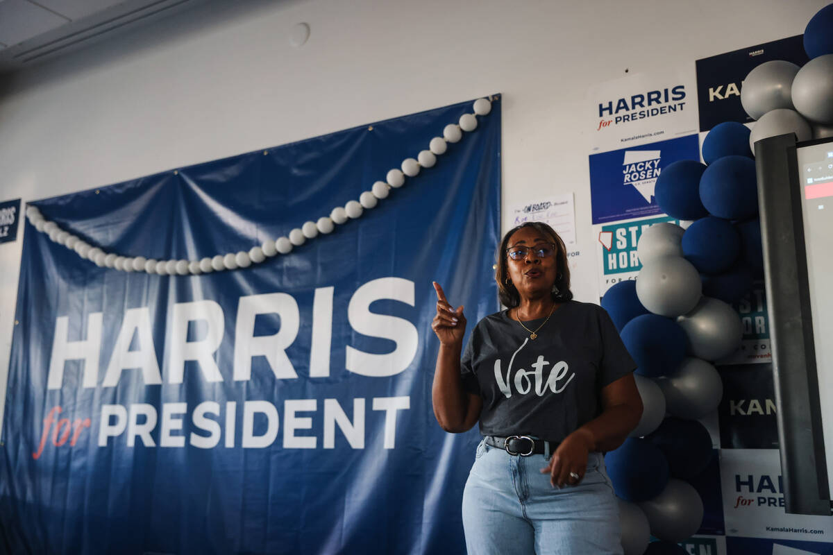 Assemblywoman Daniele Monroe-Moreno, chair of the Nevada Democratic Party, addresses the crowd ...