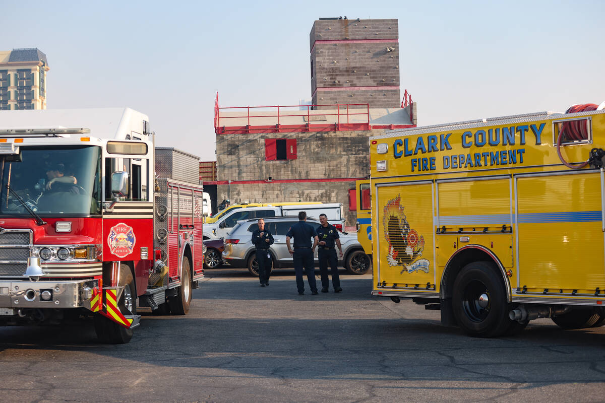 Firefighters prepare to depart to the Davis Fire from the Clark County Fire Department training ...