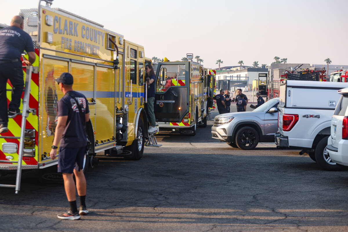 Firefighters prepare to depart to the Davis Fire from the Clark County Fire Department training ...