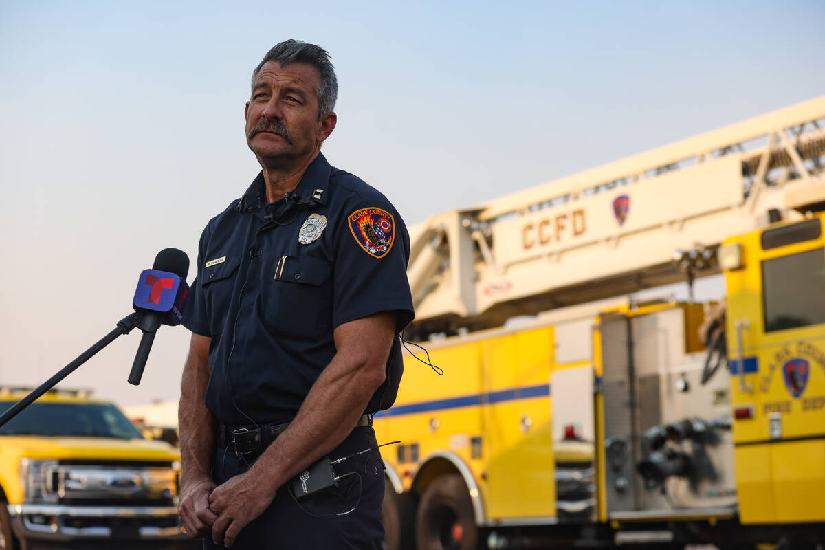 Clark County Fire Captain Matt Vanbuskirk addresses media at the Clark County Fire Department t ...