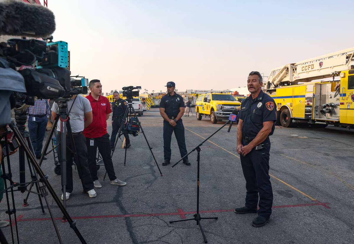 Clark County Fire Captain Matt Vanbuskirk addresses media at the Clark County Fire Department t ...