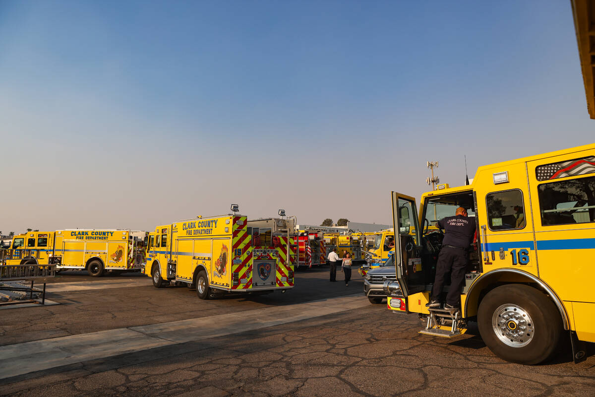 Firefighters prepare to depart to the Davis Fire from the Clark County Fire Department training ...