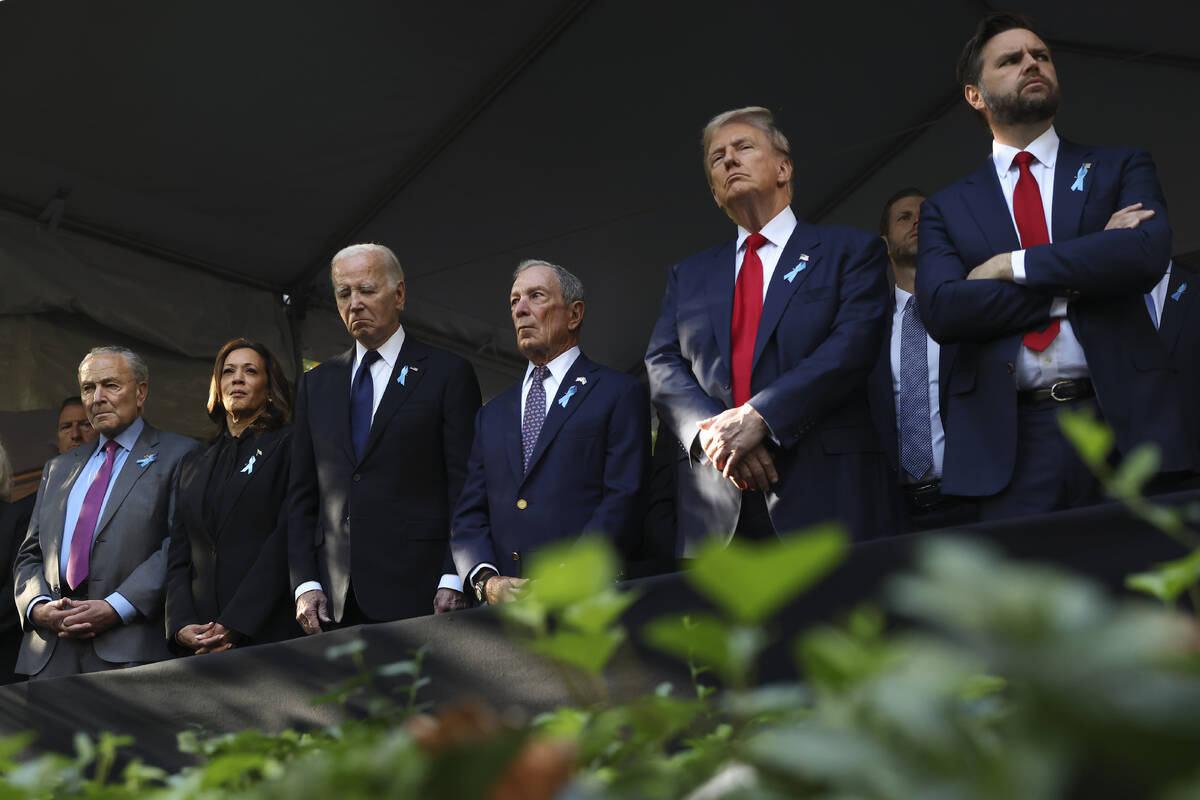 From left, Sen. Chuck Schumer, R-NY, Democratic presidential nominee Vice President Kamala Harr ...