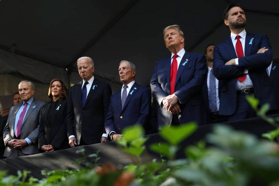 From left, Sen. Chuck Schumer, R-NY, Democratic presidential nominee Vice President Kamala Harr ...