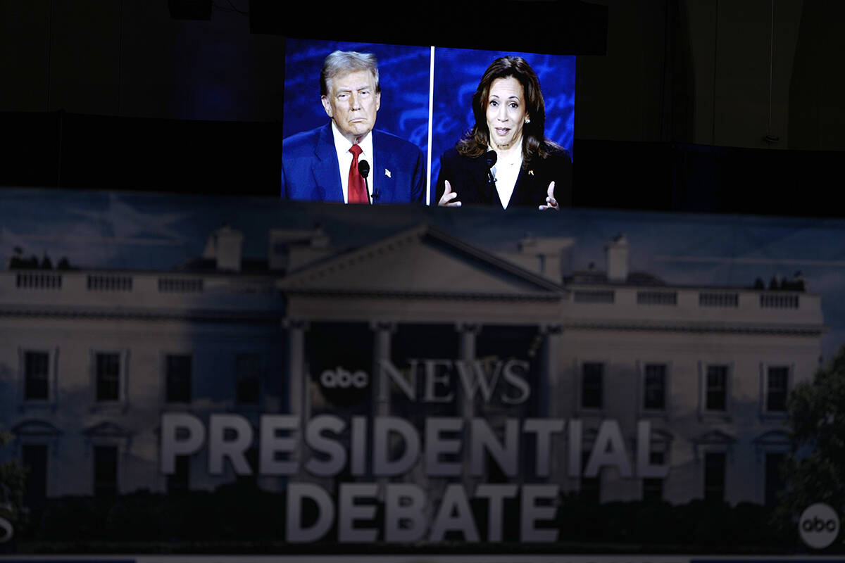 A presidential debate between Republican presidential nominee former President Donald Trump, on ...