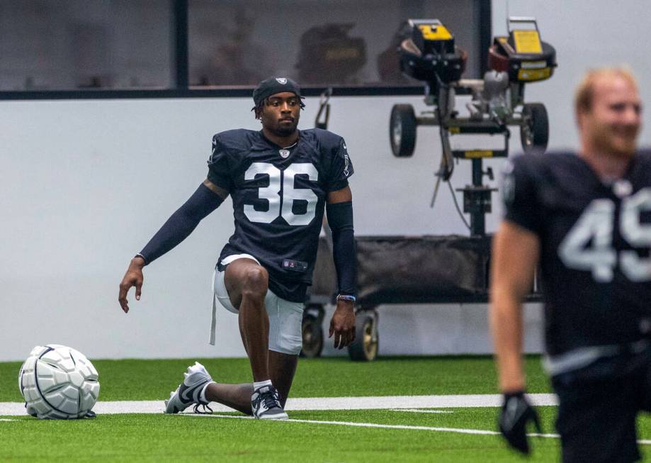 Raiders cornerback Kyu Blu Kelly (36) stretches during practice at the Intermountain Health Per ...