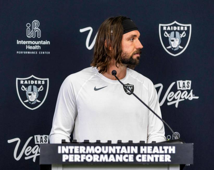 Raiders quarterback Gardner Minshew (15) listens to a question during a media interview at the ...