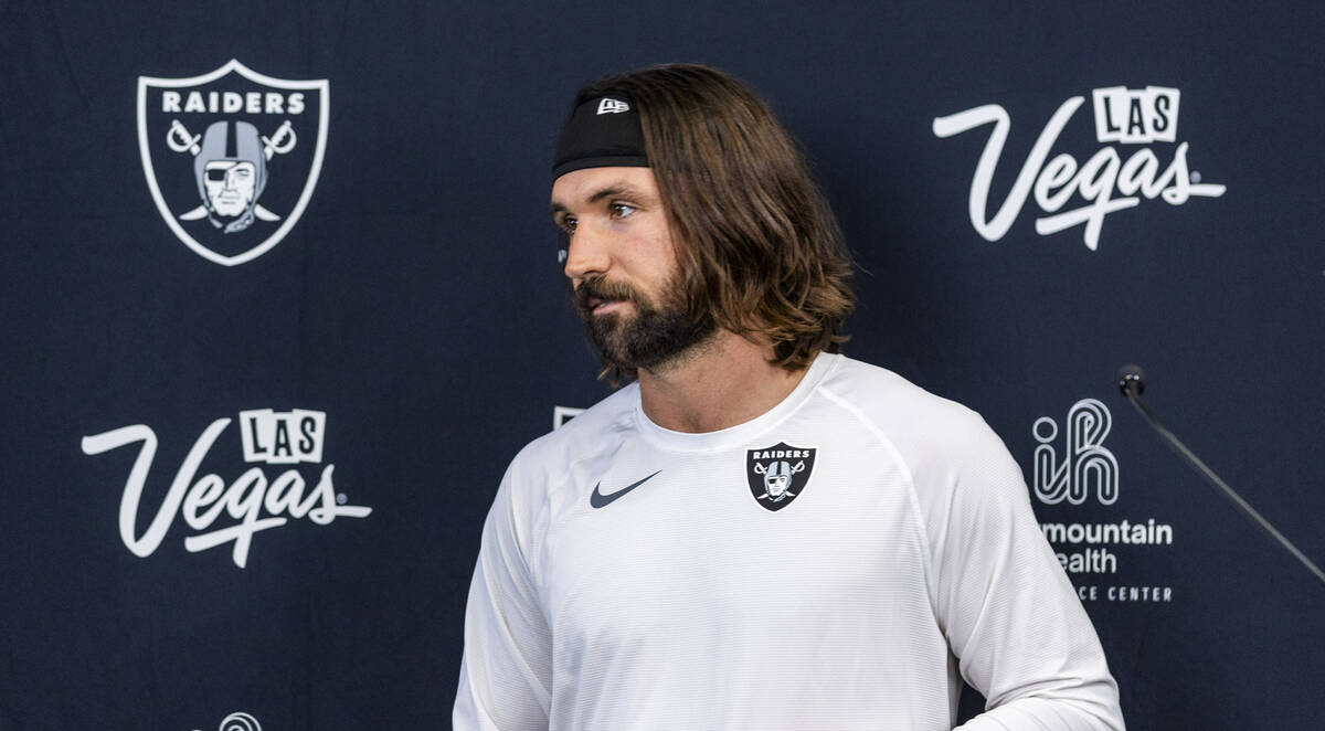 Raiders quarterback Gardner Minshew (15) listens to a question during a media interview at the ...