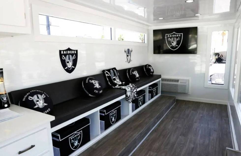 The interior of Raiders premium tailgate space, stationed outside of Allegiant Stadium, is seen ...