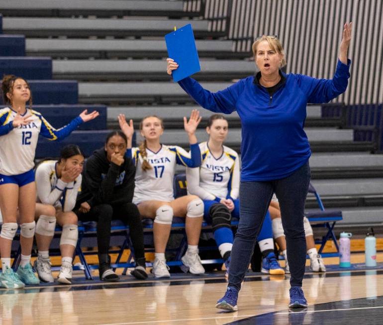 Sierra Vista Head Coach Camille McComas reacts after a point was given to Faith Lutheran during ...