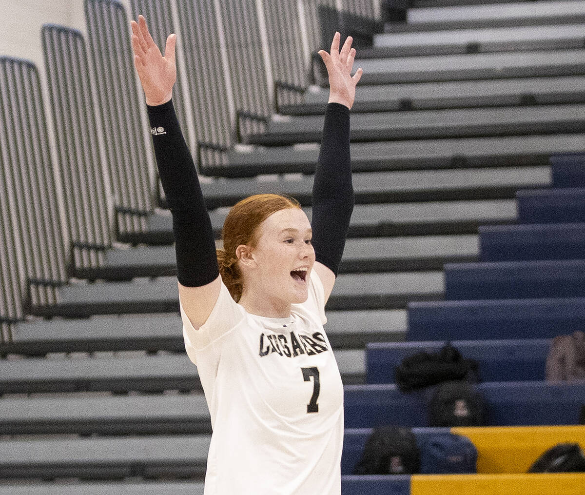 Faith Lutheran junior Parker LaFontaine (7) reacts after gaining a point during the high school ...