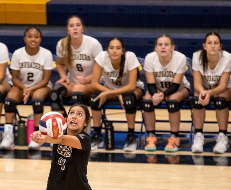 Faith Lutheran junior Leah Hernandez (4) competes during the high school volleyball game agains ...