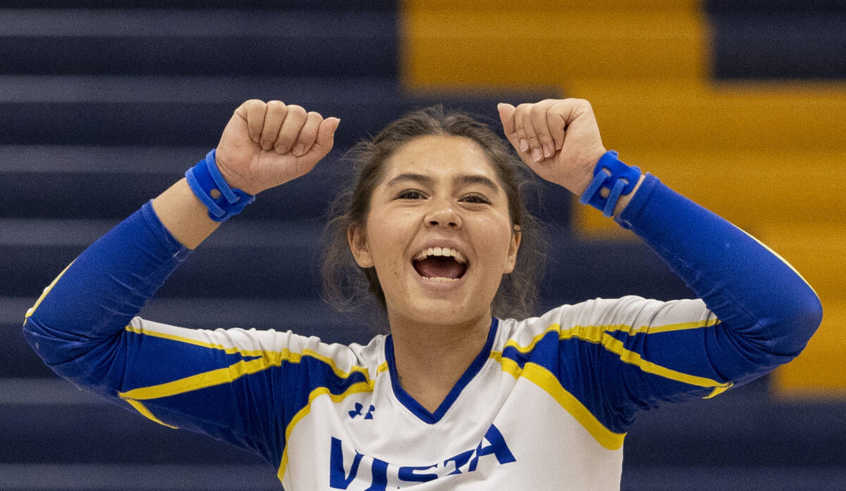 Sierra Vista senior Angelina DeGrange (23) celebrates during the high school volleyball game ag ...