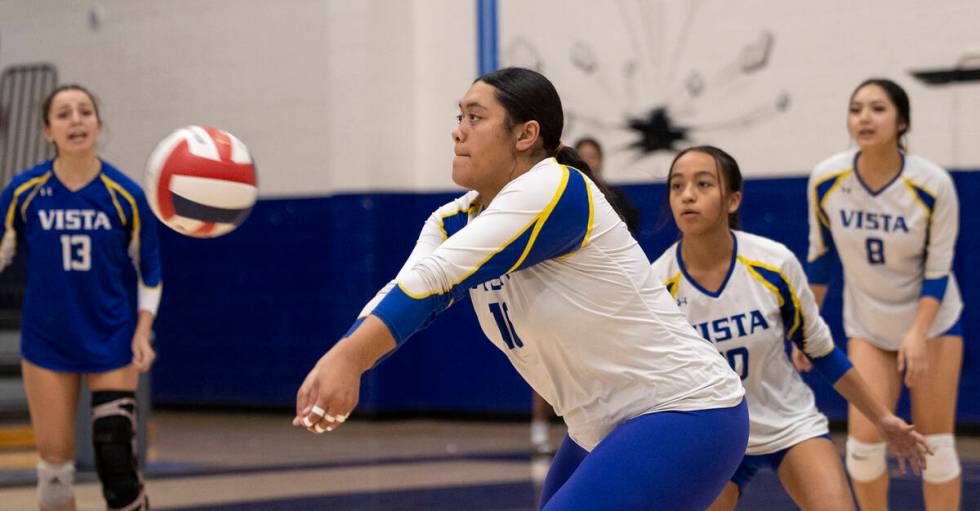 Sierra Vista senior Ariella Maika (16) competes during the high school volleyball game against ...