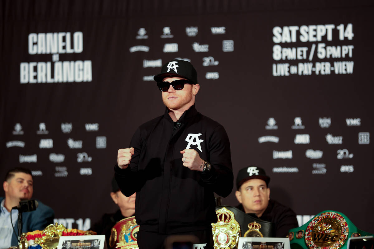 Canelo Alvarez poses during a press conference ahead of his a super middleweight title boxing b ...