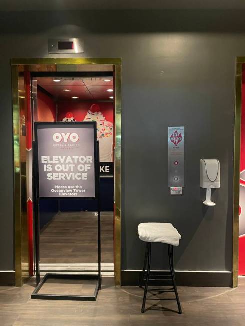 Guest elevators at Oyo hotel-casino, 115 E Tropicana Ave., are seen with "out of service" signs ...