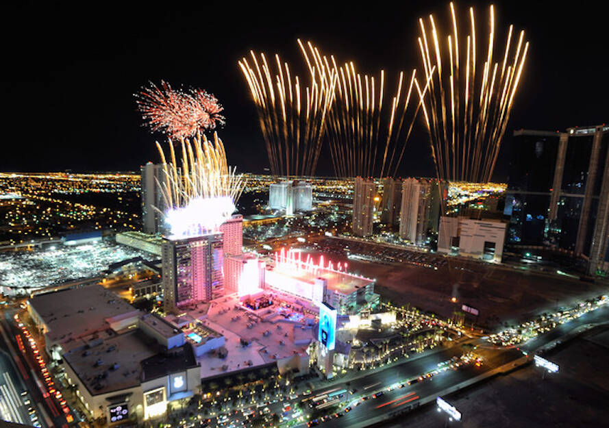 Fireworks explode over the SLS Las Vegas during its grand-opening celebration on Saturday, Aug. ...