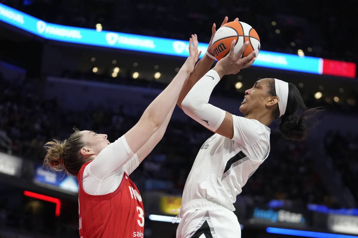 Las Vegas Aces' A'ja Wilson shoots over Indiana Fever's Katie Lou Samuelson during the second h ...