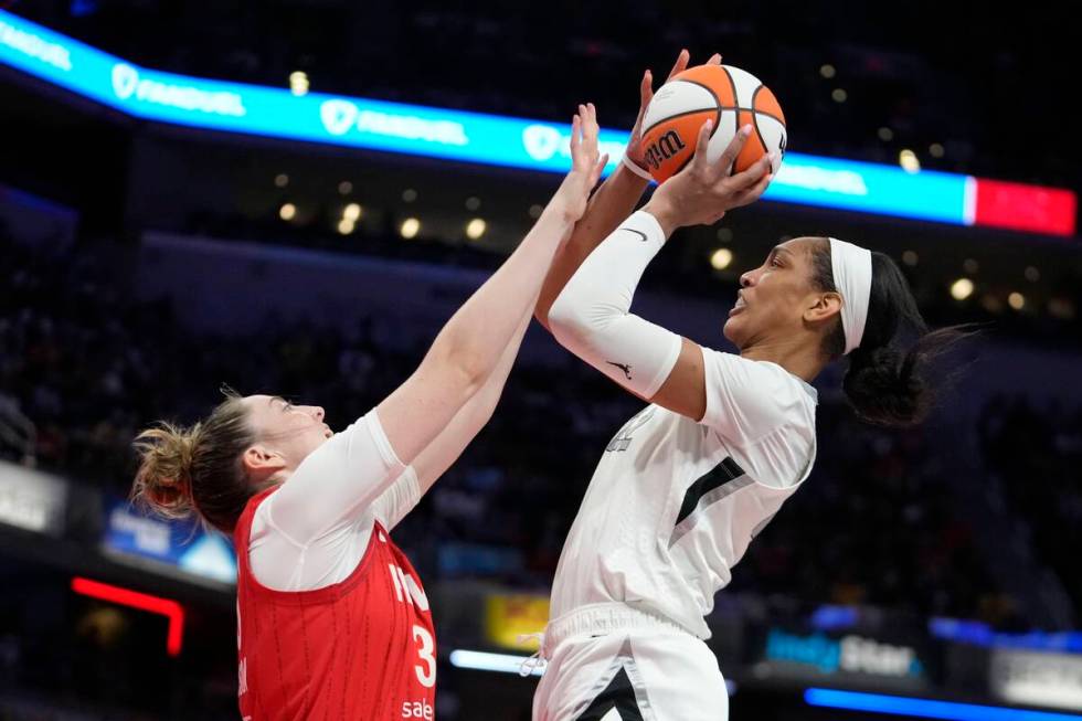 Las Vegas Aces' A'ja Wilson shoots over Indiana Fever's Katie Lou Samuelson during the second h ...