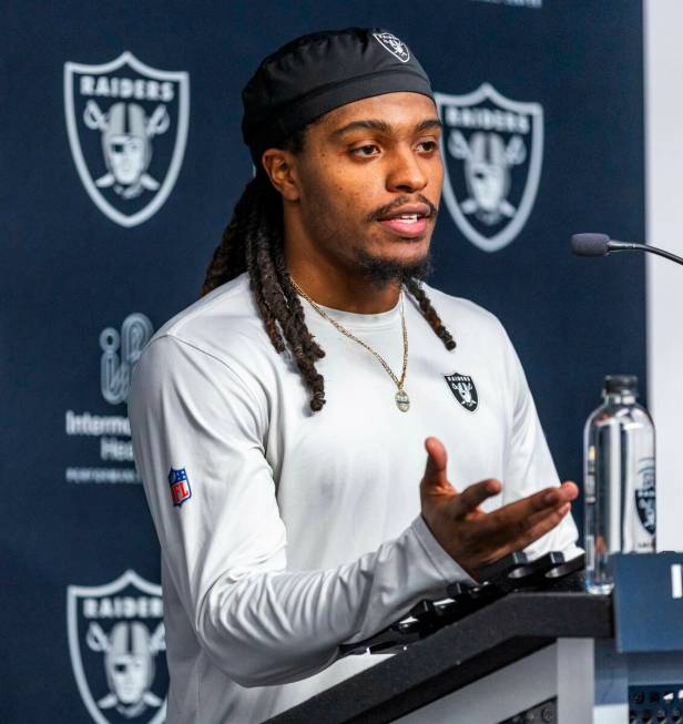 Raiders wide receiver Tyreik McAllister (32) answers a question during a media interview after ...