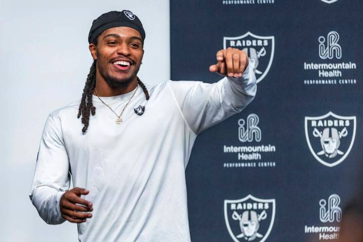 Raiders wide receiver Tyreik McAllister (32) answers a question during a media interview after ...