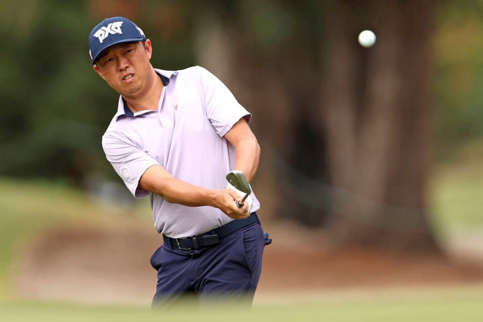 David Lipsky chips onto 9th green during final round at Procore Championship golf tournament, S ...