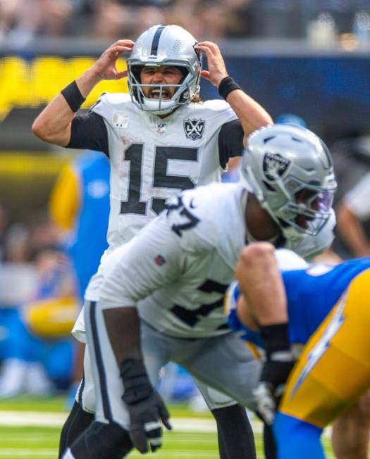 Raiders quarterback Gardner Minshew (15) yells a call against the Los Angeles Chargers during t ...