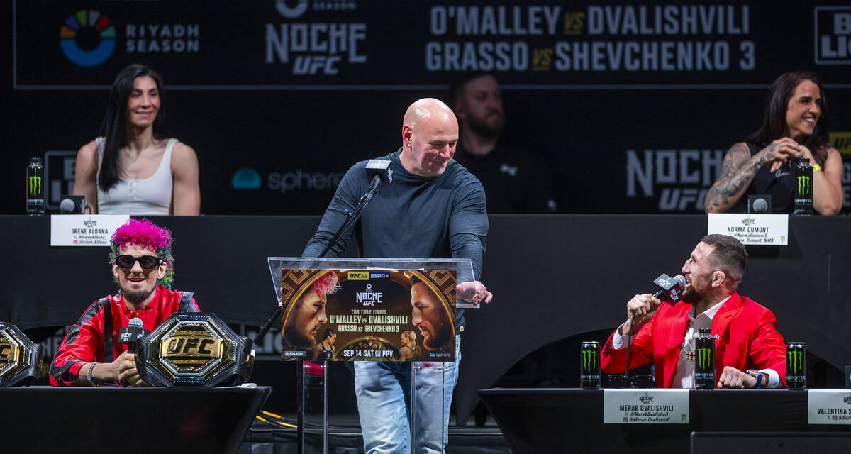 Merab Dvalishvili, right, speaks about his fight with Sean O'Malley, left, for their Bantamweig ...