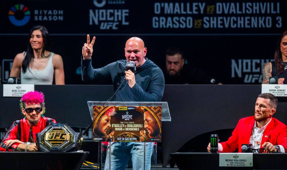 Dana White talks to the fans during the UFC 306 press conference at the Sphere on Thursday, Sep ...