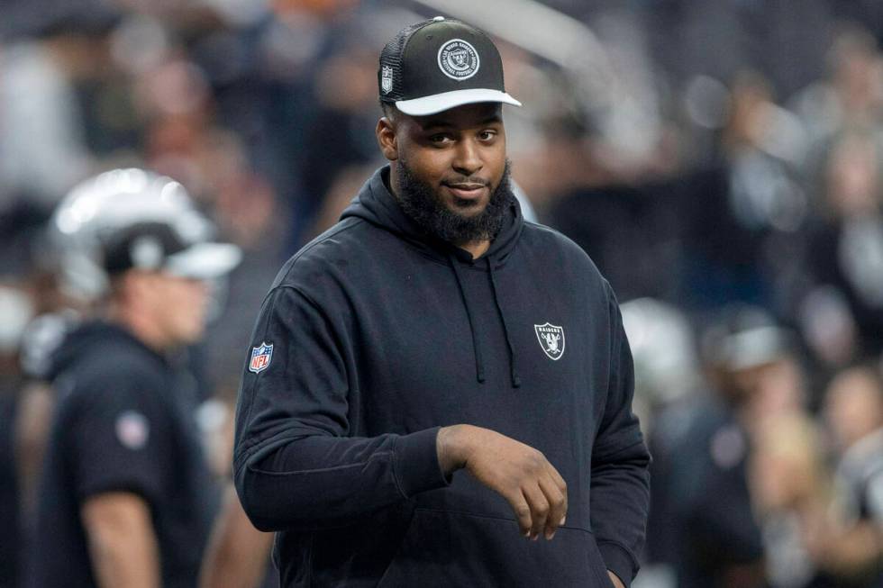 Raiders offensive tackle Thayer Munford Jr. walks on the field before an NFL game against the D ...