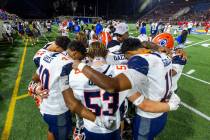 Bishop Gorman players gather together after a loss to Mater Dei in their high school football g ...