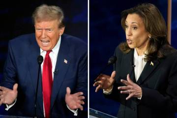 This combination of photos shows former President Donald Trump, left, and Vice President Kamala ...