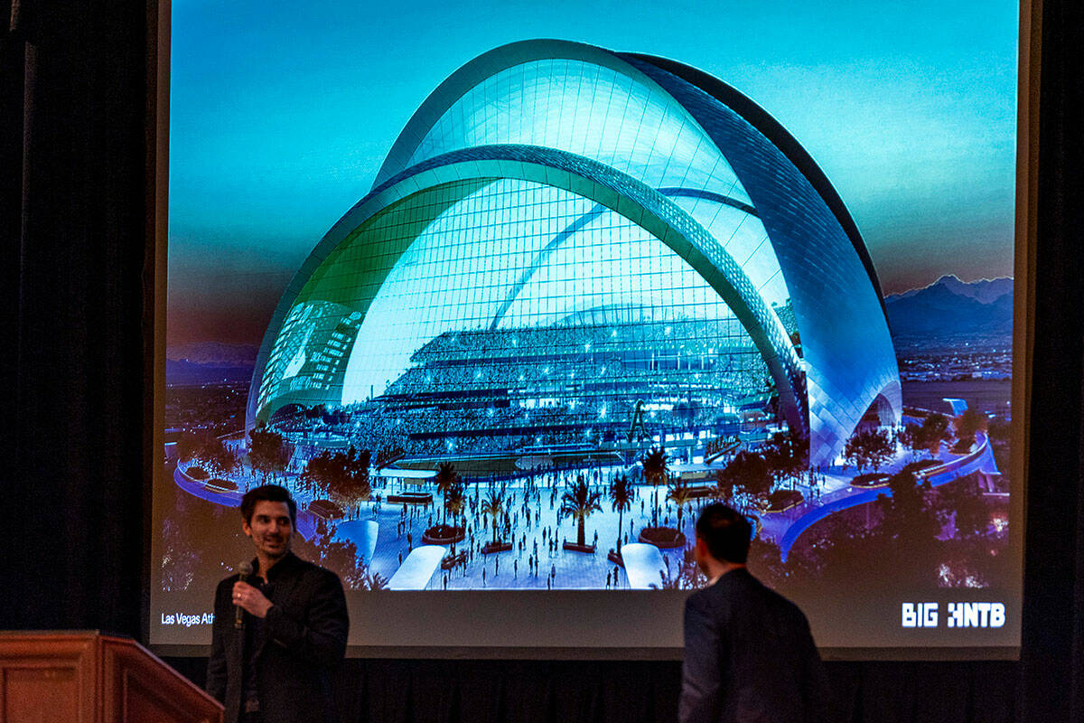 Frankie Sharpe, left, Senior Architect at BIG - Bjarke Ingels Group, talks about the design ele ...