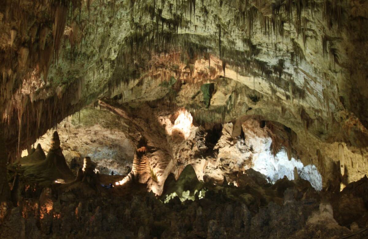 Hundreds of cave formations are shown decorating the Big Room at Carlsbad Caverns National Park ...