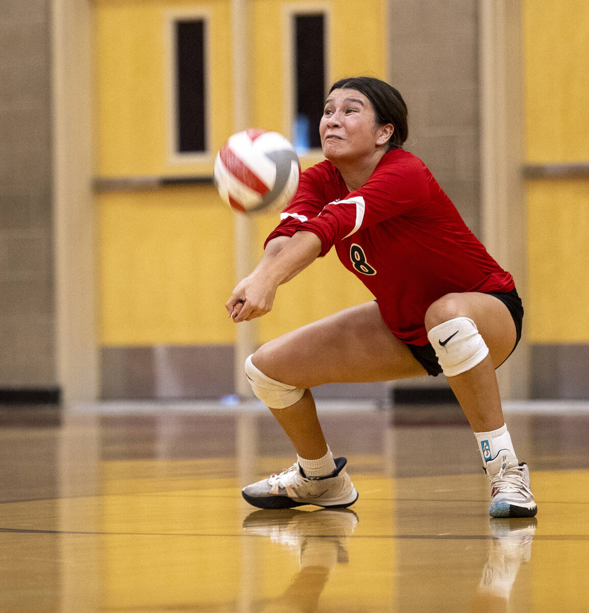 Liberty junior Aryanna Paredes (8) competes during the high school volleyball game against Arbo ...