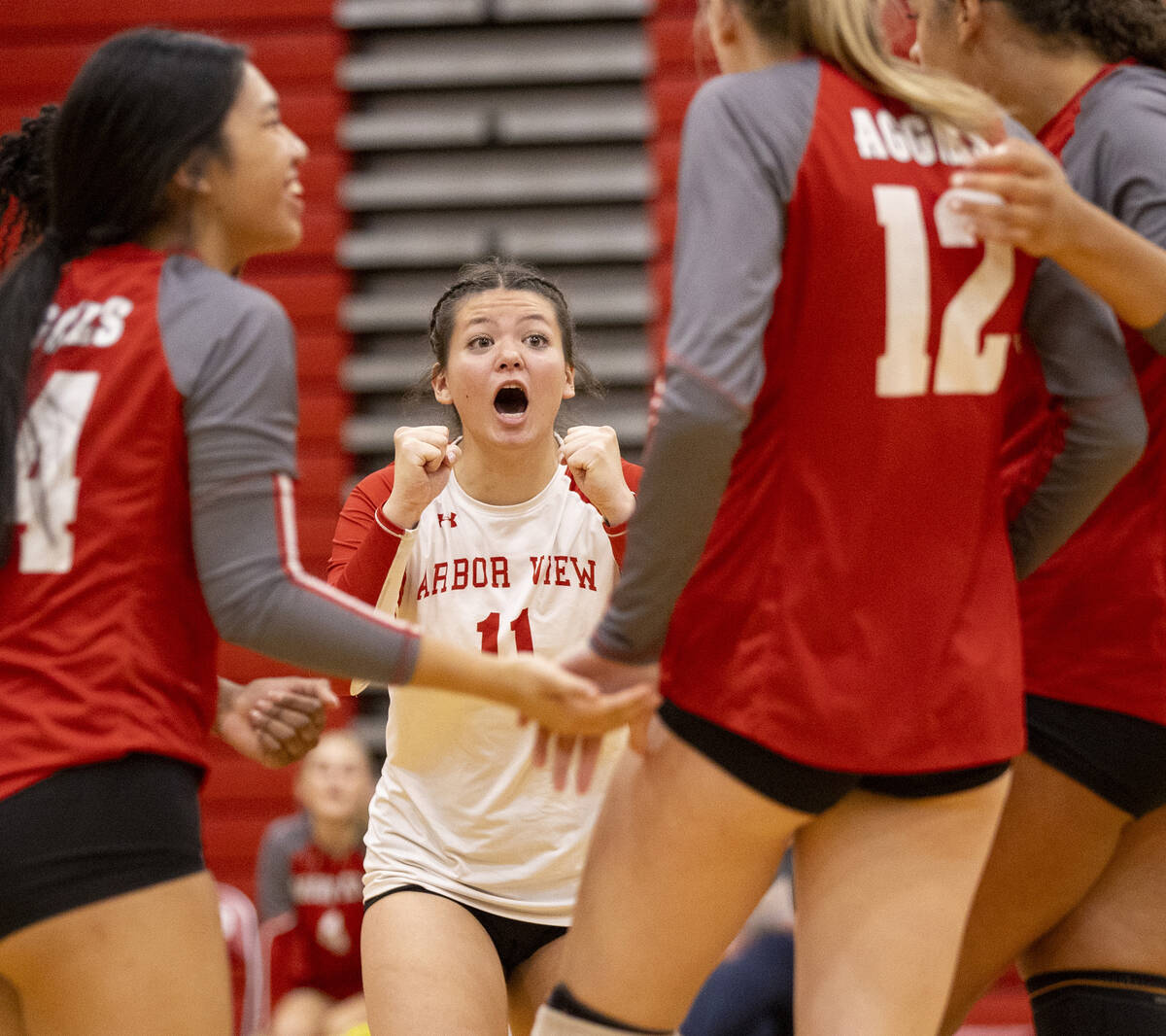 Arbor View junior Lauryn Brenner (11) celebrates a point with her teammates during the high sch ...