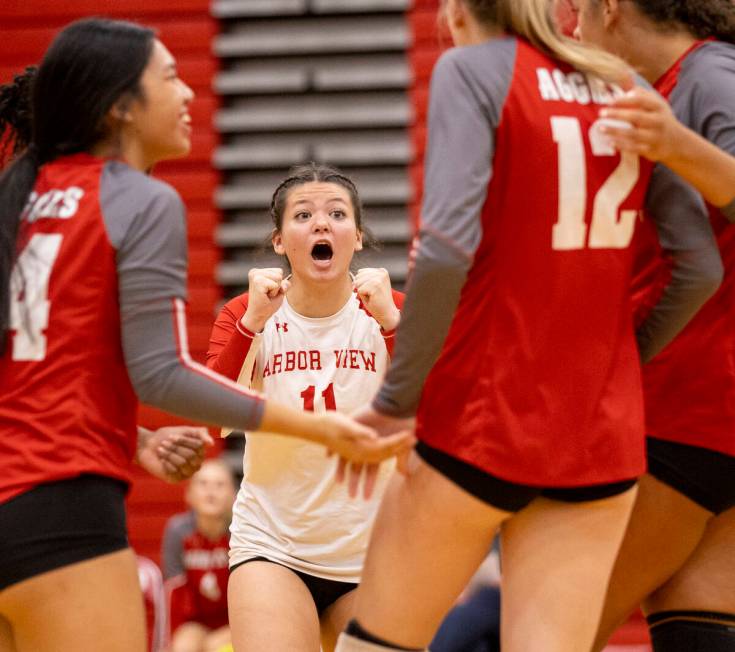 Arbor View junior Lauryn Brenner (11) celebrates a point with her teammates during the high sch ...