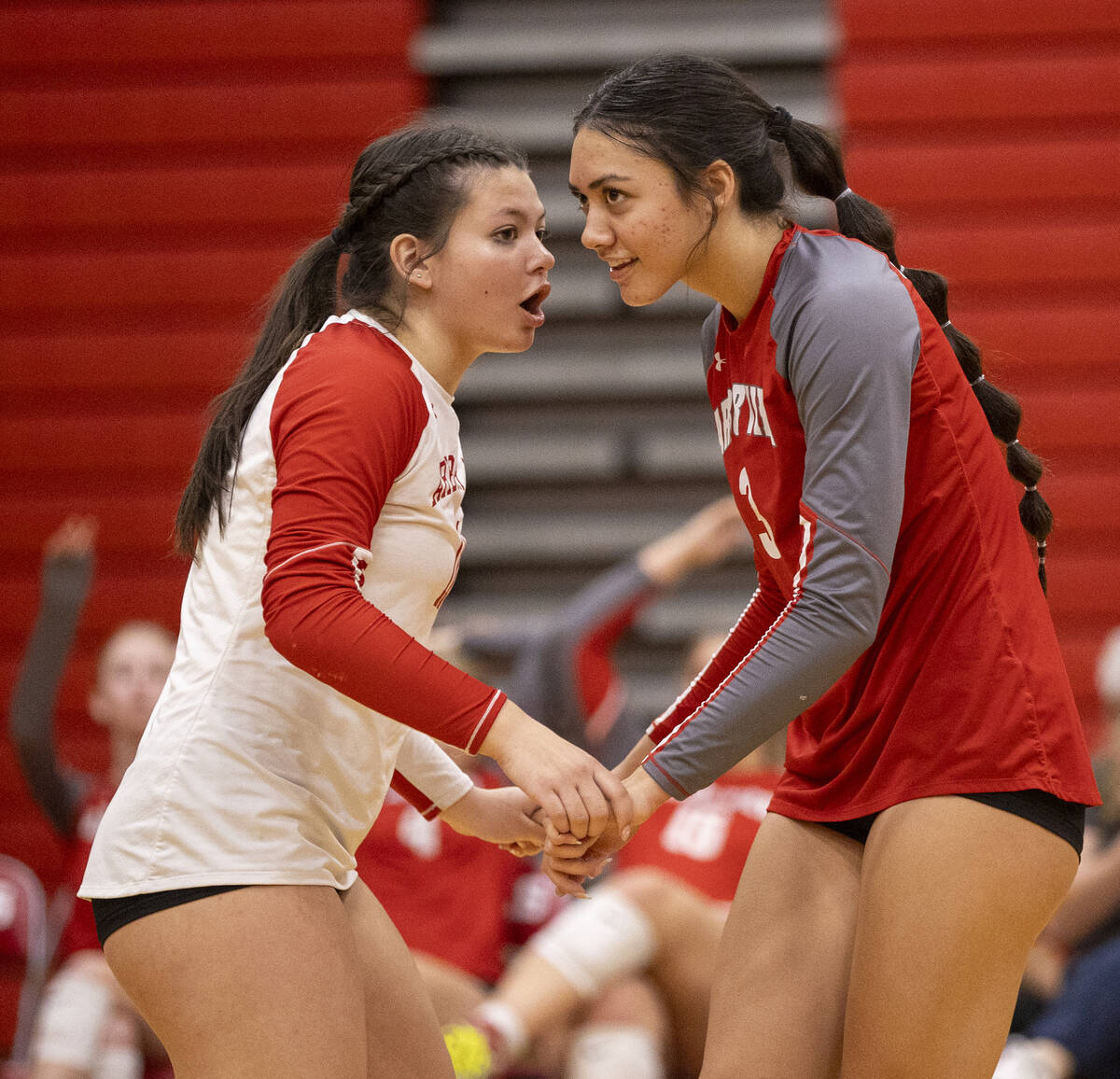 Arbor View junior Lauryn Brenner (11) talks to junior Tamara Unga (3) during the high school vo ...