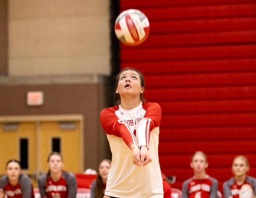 Arbor View junior Lauryn Brenner (11) competes during the high school volleyball game against L ...